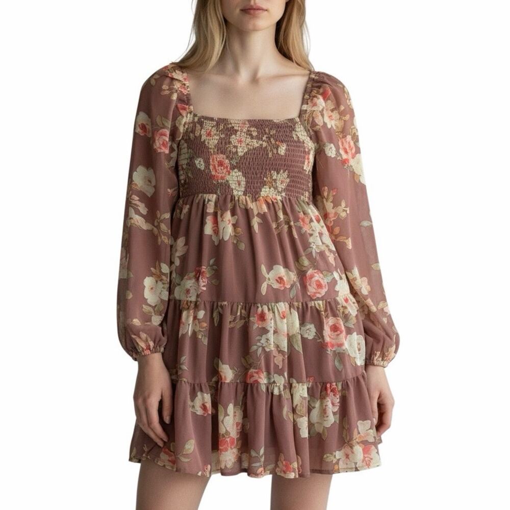 NWT Altar’d State Mauve Floral Smocked Long Sleeve Tiered Mini Dress XS
